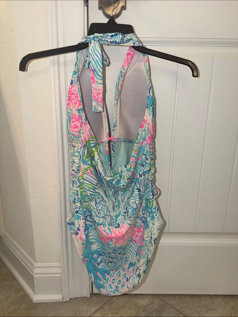Lilly Pulitzer Tropical Ruched Halter One-Piece in Aqua, Pink & Green - Picture 2 of 5
